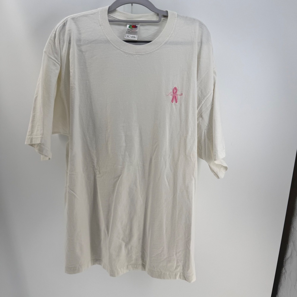 Embroidered T-Shirt Women 2XL Off White Breast Cancer Awareness Pink‎ Ribbon Tee